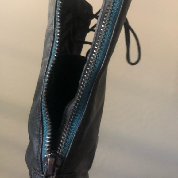 Black Faux Leather Lace-up Combat Moto Boots, w/cool turquoise lined Back Zipper - Picture 4 of 16